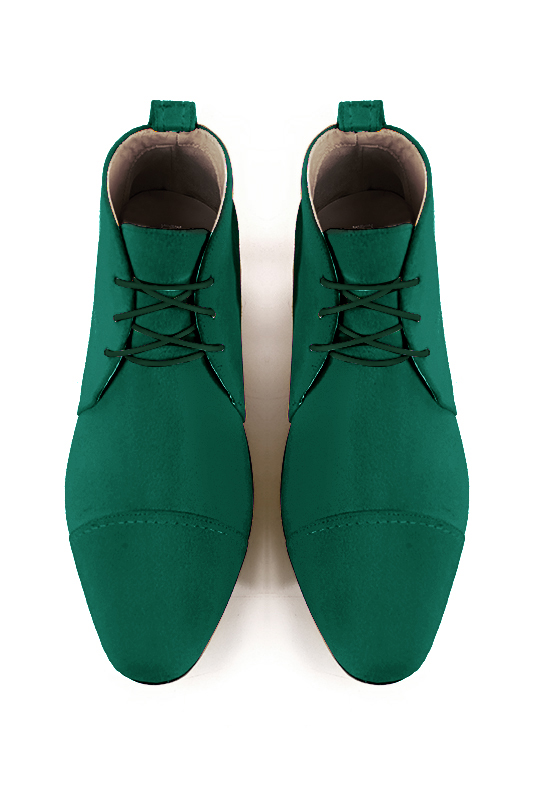 Emerald green women's ankle boots with laces at the front. Round toe. Low flare heels. Top view - Florence KOOIJMAN